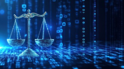Digital scales of justice, binary code background, law concept, illustration