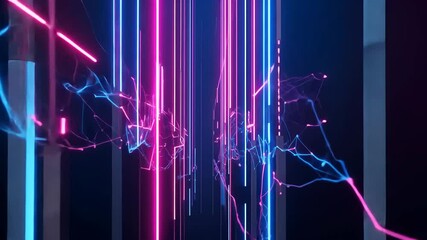 Canvas Print - abstract digital neon lights in blue and pink on black background