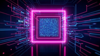 Canvas Print - abstract neon square inside a square with glowing blue and pink lines on dark background