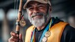 © Nataliia_Trushchenko - A man with a fishing rod and a yellow vest is smiling. He is holding a fishing rod and a medal around his neck