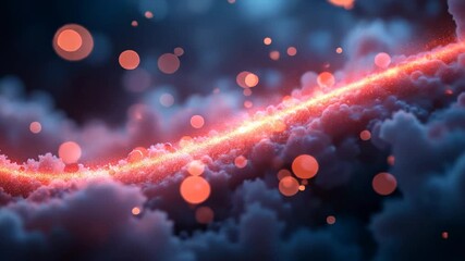 Wall Mural - Glowing Red Energy Stream Cuts Through Dark Fluffy Clouds with Bokeh Light and Ethereal Atmosphere