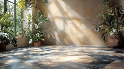 Poster - serene indoor space featuring beautifully designed floor with natural stone tiles, illuminated by soft sunlight streaming through large windows. Lush green plants woven baskets add touch of nature