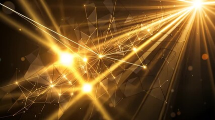 Canvas Print - golden network on black polygonal shapes with sparkling light rays and dots abstract background