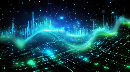 Wall Mural - Stock market bullish trend with digital graphs, glowing blue and green lines showing financial prosperity and corporate growth.