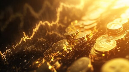 Wall Mural - Stock market visualization with a dynamic positive trend line, glowing golden elements, and an investment growth concept.