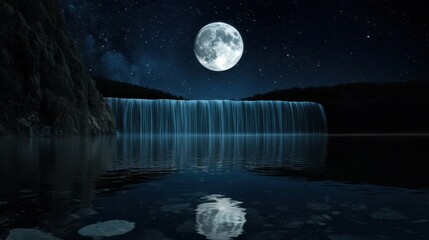 Wall Mural - A tranquil lunar lake fed by glowing waterfalls, full moon above, reflections of stars shimmering across the surface