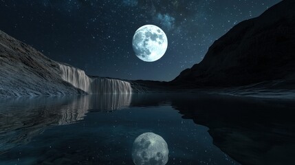 Wall Mural - A tranquil lunar lake fed by glowing waterfalls, full moon above, reflections of stars shimmering across the surface