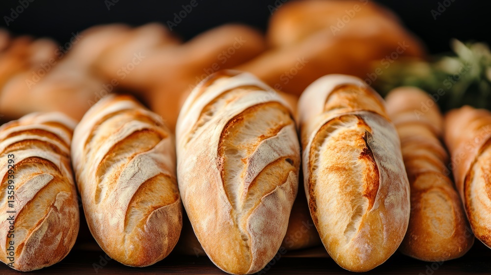 Row of bread loaves are displayed on a table. The loaves are all ...