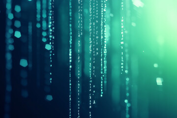 Abstract binary digits falling like rain over a digital blue-green gradient. Perfect for software development companies