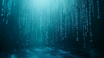 Abstract binary digits falling like rain over a digital blue-green gradient. Perfect for software development companies
