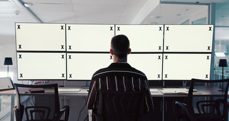 Poster - Computer, man or space on screen in control room for trading, finance or stock market prices in night. Analysis, tracking markers or trader on monitor with back, mockup or technology in data center
