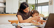 © peopleimages.com - Laptop, remote work or toys with mother and baby in home for development of small business. Busy, computer or playing with single parent and girl child in apartment for freelance or startup career