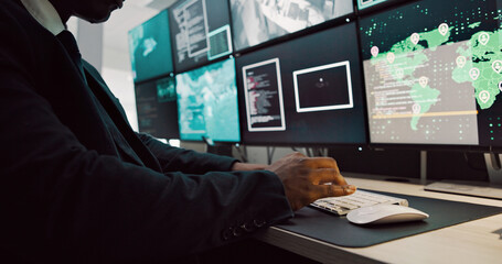 Poster - Computer, security and person on screen for surveillance, global investigation and protection. Satellite, law enforcement and man on monitor for inspection, safety service or search for online threat