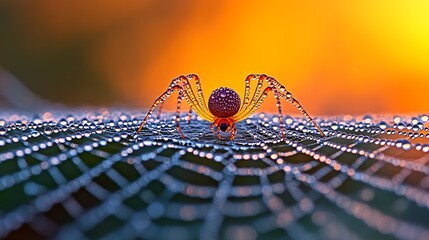 A spider adorned with droplets on its intricate web