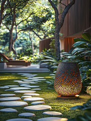 Poster - modern garden featuring decorative lamp illuminating stone pathway surrounded by lush greenery and trees, creating serene and inviting atmosphere