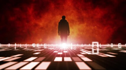 Wall Mural - man silhouette on fire red digital technology binary code network road background. concept business 