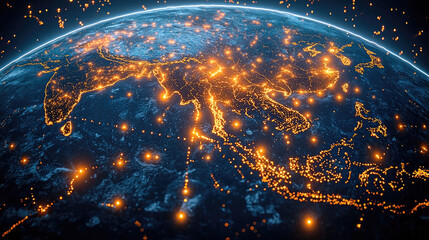 Aufkleber - stunning view of Earth showcasing illuminated cities and regions, highlighting vibrant connections across Asia. glowing lights represent urban areas and infrastructure, creating captivating visual