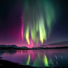 vibrant green and pink aurora borealis lights dance over a serene lake and majestic mountains under 