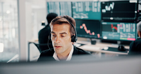 Poster - Business, headset and man in office, computer and call center for investment advice. Person, employee and consultant in workplace, headphones or help desk with stock market, trading expert or talking