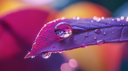 Wall Mural - a close-up of a vibrant leaf with glistening droplets of water. colorful bokeh enhances the beauty o