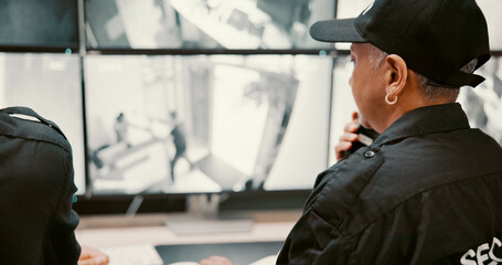 Poster - Investigation, security and person on computer screen for surveillance, inspection and monitoring. Camera, footage and guard on monitor for protection, observation and building safety in control room