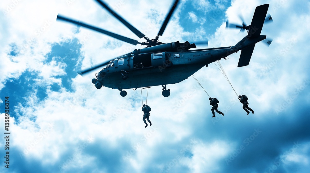 Solders Fast Ropeing Military Helicopter Insertion: Soldiers Fast Roping into Action against ...