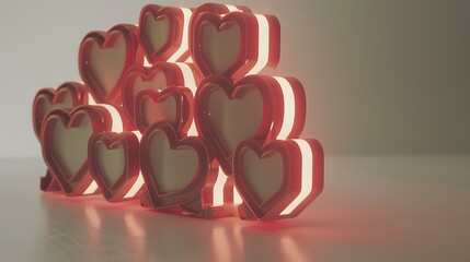 Illuminated red hearts creating a layered display of affection