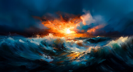 Poster - Dramatic ocean waves crash under a fiery sunset sky, painting the horizon with vibrant orange and dark blue hues, creating a powerful nature scene.
