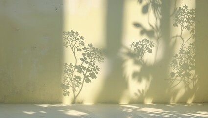 Wall Mural - shadows of plants cast on a soft yellow wall during the afternoon light