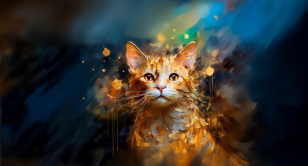 Poster - Vibrant digital artwork of a ginger cat with an inquisitive stare, set against a dynamic backdrop of deep blues and warm oranges, creating an artistic ambiance.