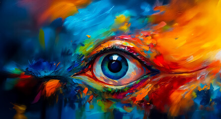 Aufkleber - Abstract eye art, vibrant and expressive. Bold brushstrokes of blue, orange, yellow, green, and red create a visually striking and intriguing composition.