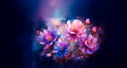 Poster - A vibrant watercolor bouquet of pink and purple flowers blooms against a dark backdrop, creating a dreamy and ethereal artistic floral display.