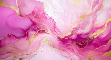Poster - Elegant pink and gold abstract art with fluid, flowing lines and marbled texture. Delicate and sophisticated design creates a dreamy, luxurious feel.