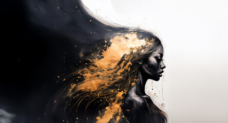Aufkleber - Elegant side profile of a person with dynamic flowing hair, artistically blending black, gold, and white in a splashy, abstract style.