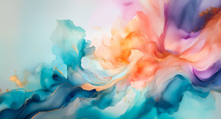 Leinwandbilder - Abstract fluid art with vibrant colors blending seamlessly. Soft swirls of blue, orange, purple, and pink create a dreamy, flowing composition.
