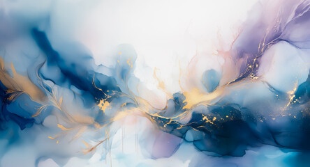 Leinwandbilder - Abstract painting with flowing blue, purple, and gold colors creating an ink wash effect. Light and dark tones blend dreamily for an ethereal and elegant mood.