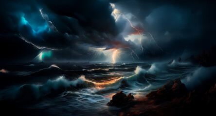 Poster - A fierce storm rages over the sea, lightning bolts illuminate the turbulent waves and dark, ominous clouds above the horizon.
