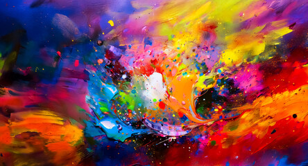 Poster - Explosion of colors in an abstract artwork, creating a vibrant and energetic scene with dynamic brushstrokes and a splash of hues.