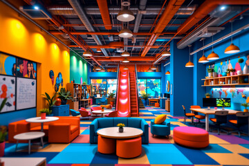 Poster - A vibrant and playful interior showcases a colorful office space with orange armchairs, blue sofas, and a red slide, complemented by a brightly patterned floor and ceiling pipes.