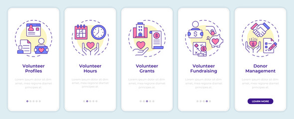 Wall Mural - volunteer activity tracking onboarding mobile app screen. walkthrough 5 steps editable graphic instr