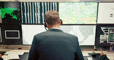 Fototapete - Headset, back or man with screen for maps for news, research or ecology in data center. Pattern, check or computer for tracking technology for meteorology info, storm radar or climate change forecast