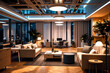 © YiuCheung - Elegant office interior featuring sofas, desks, and chairs. Warm lighting illuminates the room, complemented by plants and large windows, creating a cozy workspace.
