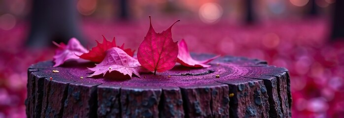 Wall Mural - Toned purple fallen autumn dry red leaves on a tree stump. Viva magenta color. Trend. Colorful background for design