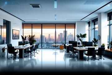 Aufkleber - Modern office with desks, chairs, computers, plants, and a city view at sunset. Large windows brighten this productive and empty workspace.