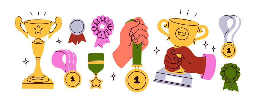 Winner medals, cups, badges set. Gold awards, trophies. Champion prizes, rewards for first place. Victory symbols for competition winning. Flat vector illustration isolated on white background