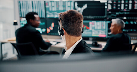 Poster - Computer, finance and man with headset for stock market, financial analytics and trading review. Call center, business and people with monitor for online investment, revenue charts and statistics