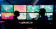 © peopleimages.com - Computer, screen and maps with people in control room for storm tracking, satellite forecast or planning weather pattern. Back, meteorology team or radar data for climate monitor, silhouette or night