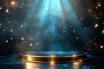 Wall Mural - illuminated golden platform with blue smoke and bokeh.