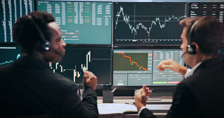 Aufkleber - Computer screen, finance or men with headset for stock market, financial analytics or investment review. Fintech, business or back of people with monitor for trading, revenue charts or statistics