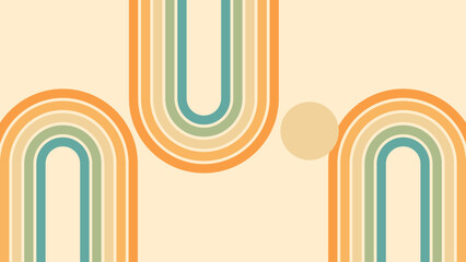 Wall Mural - abstract background of rainbow and sun groovy wavy line design in 1970s hippie retro style. vector p